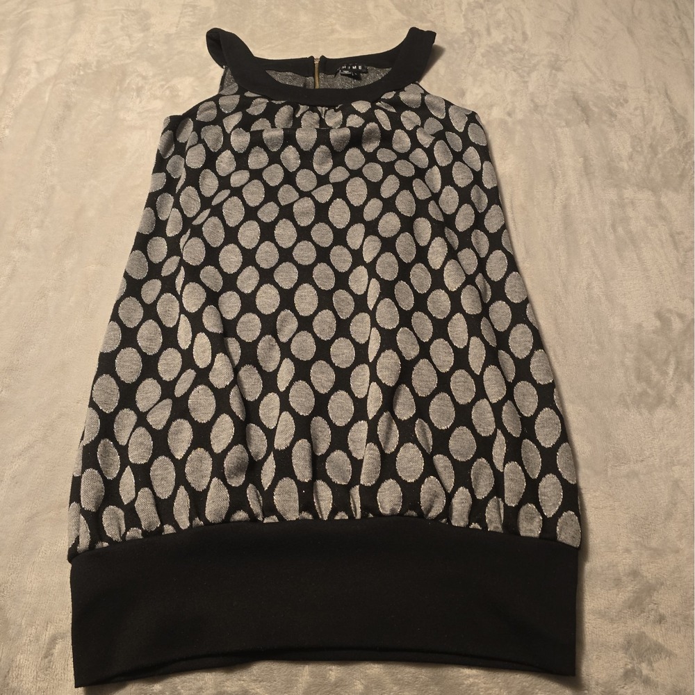 Chime Womens Sz L Sleeveless Black& Silver Circle Pattern Dress, Mod Dot, Hippie